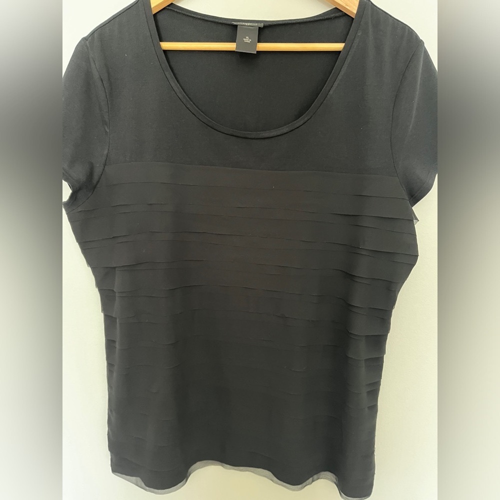 Ann Taylor black ruffle blouse with mesh veil material layered in front detail